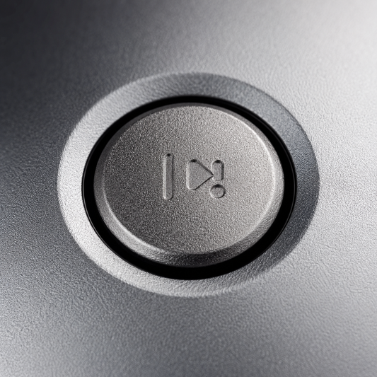 Close-up macro view of the multifunction play/pause button on a compact metal Bluetooth speaker, featuring a textured metallic finish, one-key control design, and premium build quality.