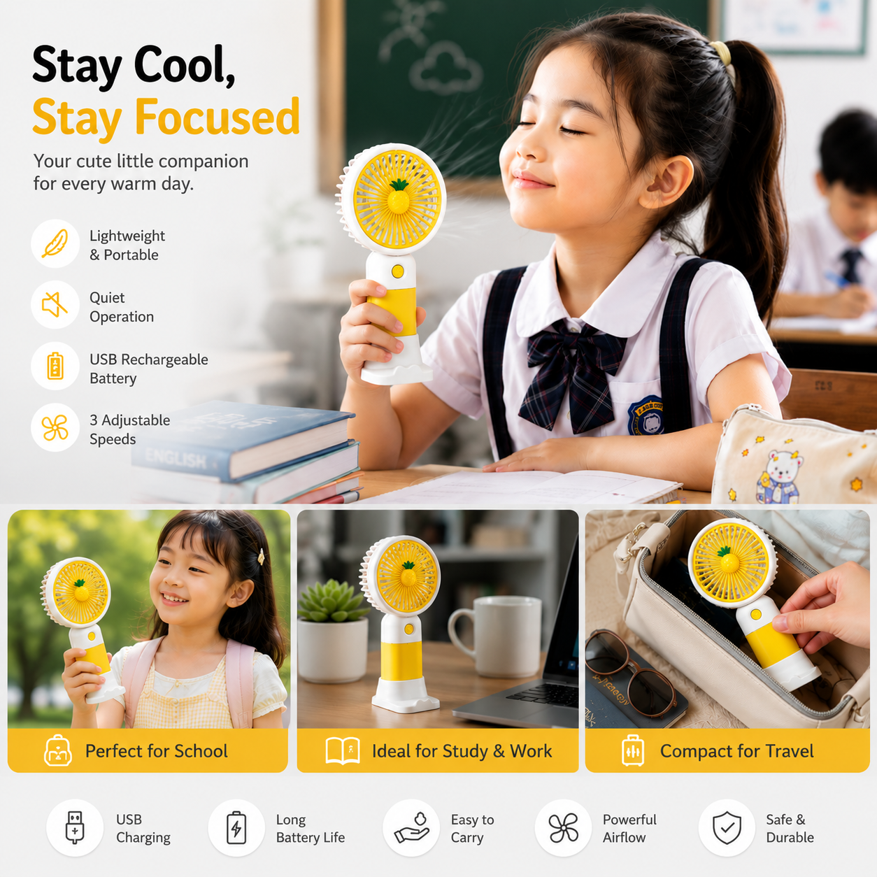 USB Rechargeable Mini Portable Fan for School Study Travel and Office Use