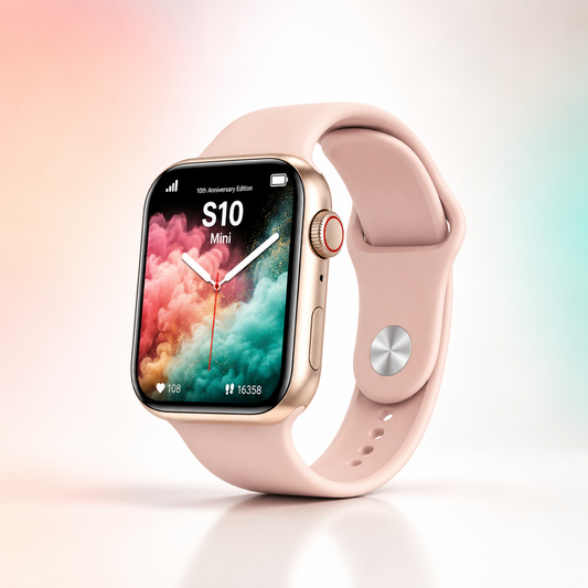 Rose gold S10 Mini AMOLED smartwatch with a pink silicone strap, edge-to-edge display, rotating crown, wireless charging support, Bluetooth calling, NFC, and compact lightweight design
