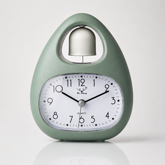 Sage green single bell analog alarm clock with large white dial, black numerals, quartz movement, and compact bedside table design.