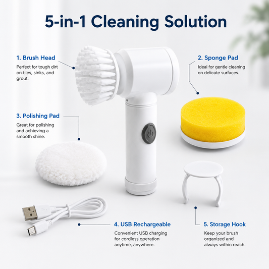 5-in-1 Multi-Head Electric Cleaning Brush featuring brush head, sponge pad, polishing pad, USB rechargeable design and storage hook for versatile household cleaning.