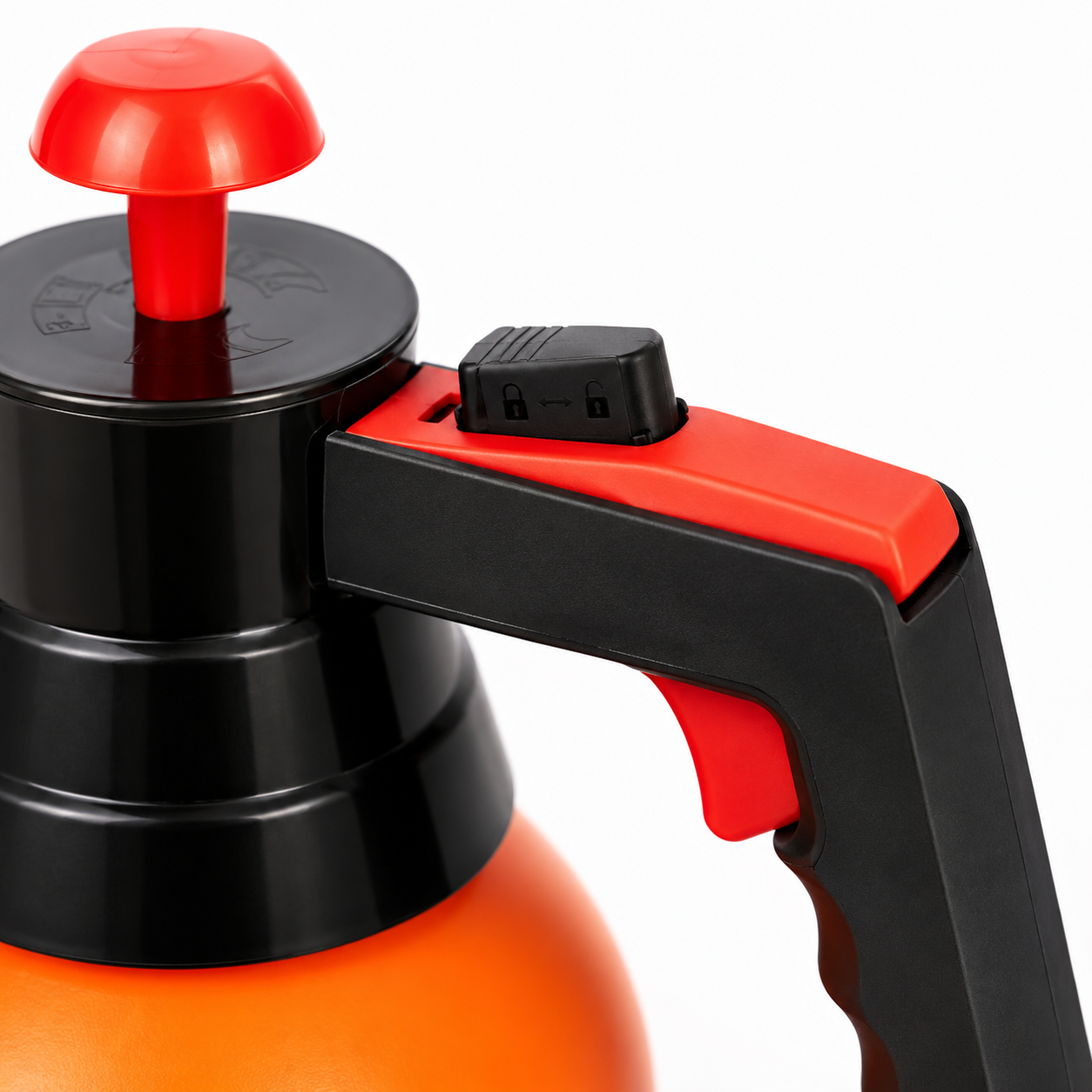 Close-up of Multi-Use 2L Hand Pump Sprayer safety lock and ergonomic trigger handle for secure and comfortable operation.