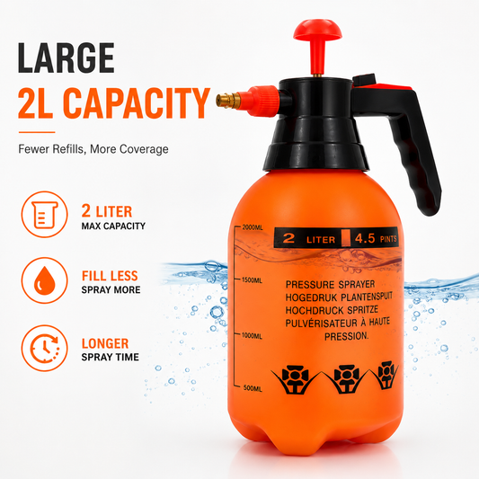 Multi-Use 2L Hand Pump Sprayer showcasing large 2-litre capacity, adjustable spray nozzle, and refill-saving design for gardening and cleaning.