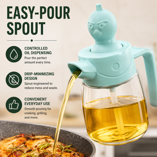 Multi-Use Glass Oil Dispenser with Brush Head pouring cooking oil through a precision spout for controlled dispensing, reduced drips, and everyday kitchen use.