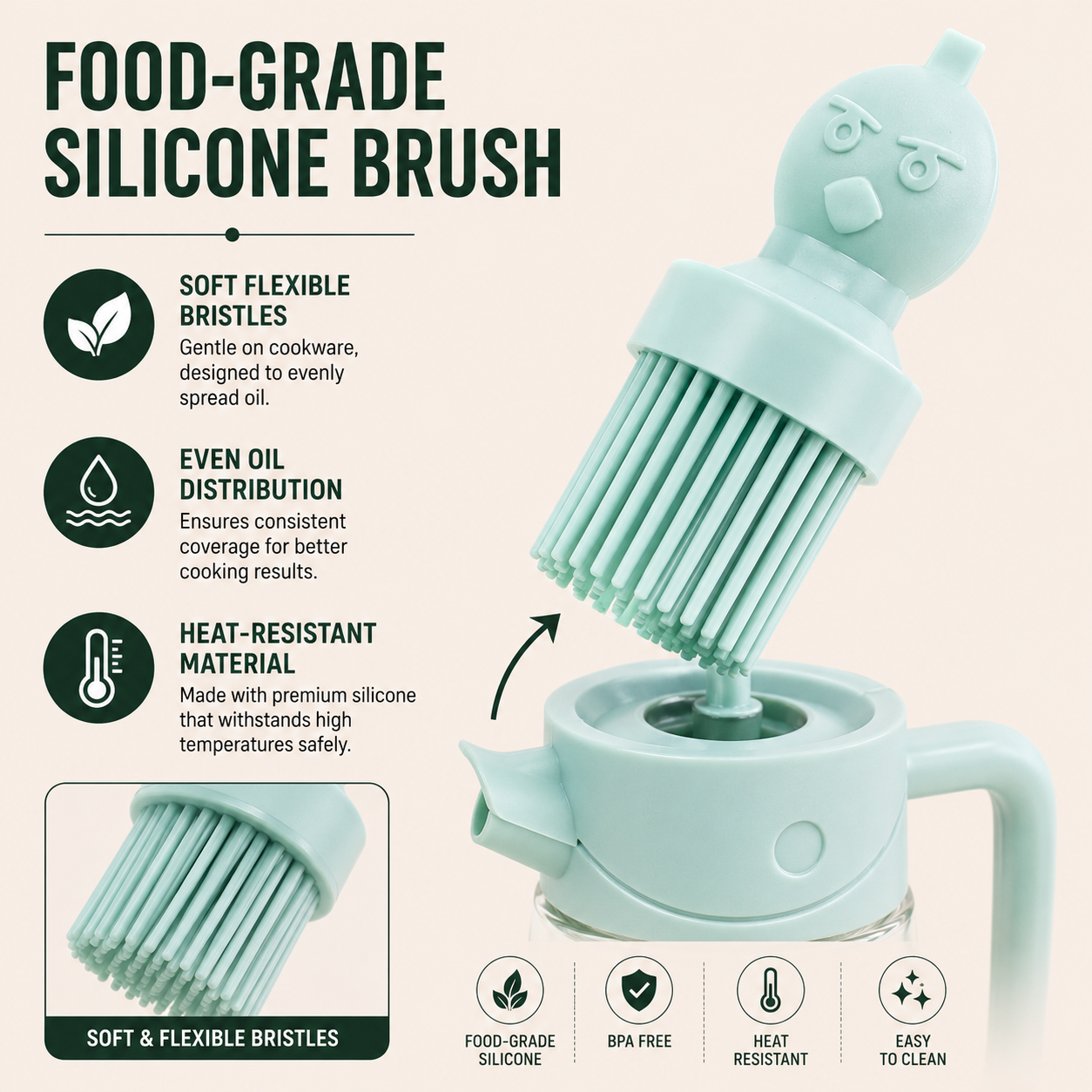 Multi-Use Glass Oil Dispenser with Brush Head featuring food-grade silicone bristles, BPA-free design, heat-resistant material, and easy-to-clean detachable brush for cooking and baking.