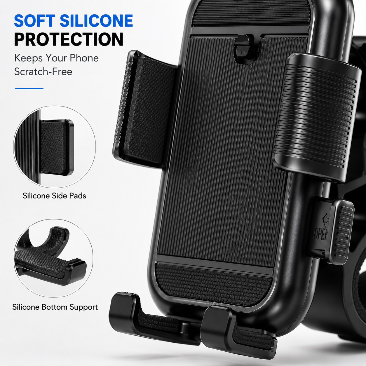 Close-up of the motorcycle phone holder highlighting soft silicone side pads and bottom support that protect smartphones from scratches while providing a secure, anti-slip grip.