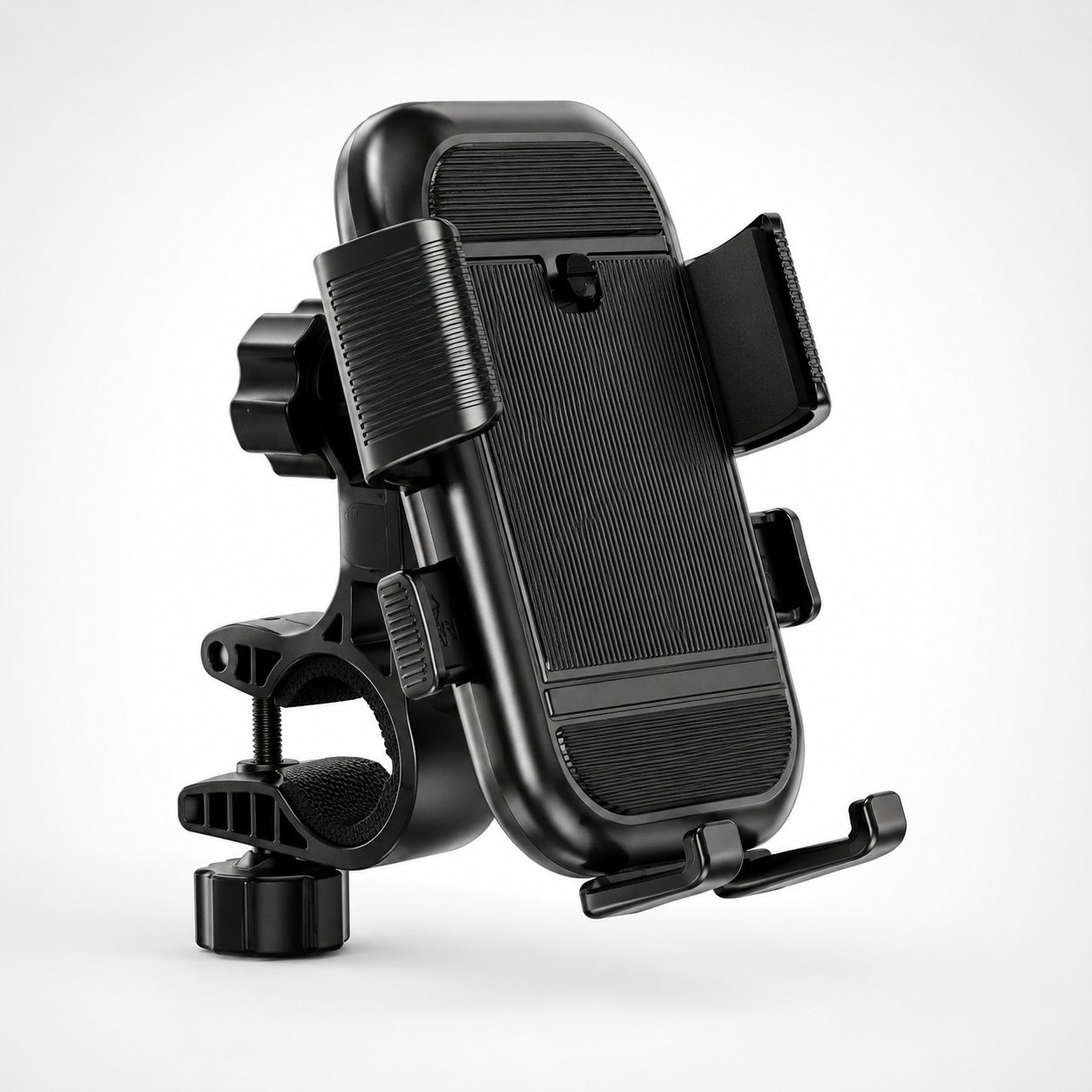 Universal 360° motorcycle mobile phone holder with adjustable handlebar clamp, one-hand locking system, anti-slip silicone grips, and durable black finish for bikes, scooters, and bicycles.