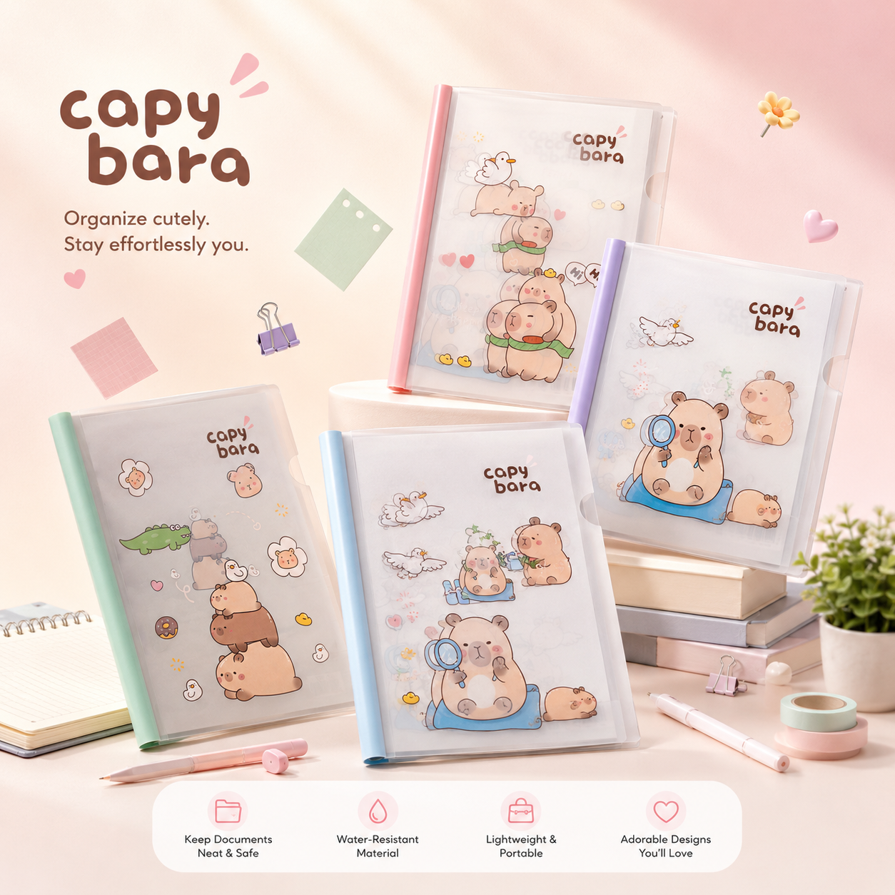 Pastel Cartoon Document File Folder collection with cute capybara designs, frosted transparent covers and colourful spines, ideal for A4 document organization and school stationery.