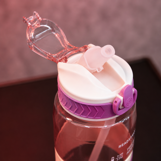 Motivational water bottle with flip-top straw lid, pink and purple sports bottle, leak-resistant hydration bottle with locking cap and drinking straw