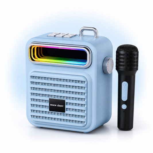 Portable Bluetooth karaoke speaker with RGB disco light and wireless microphone, ideal for home entertainment, karaoke, travel and small parties.