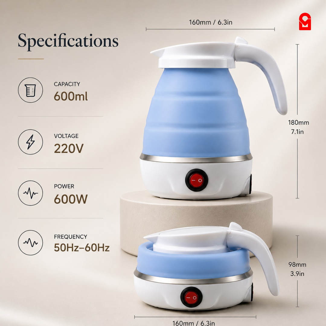 Portable electric kettle specifications showing 600ml capacity, 220V power and foldable dimensions