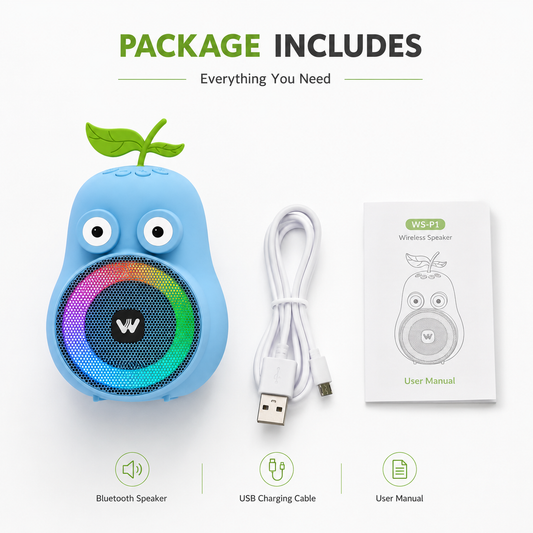WS-P1 wireless Bluetooth speaker package including the cute fruit-shaped speaker with RGB LED light, USB charging cable, and user manual, displayed