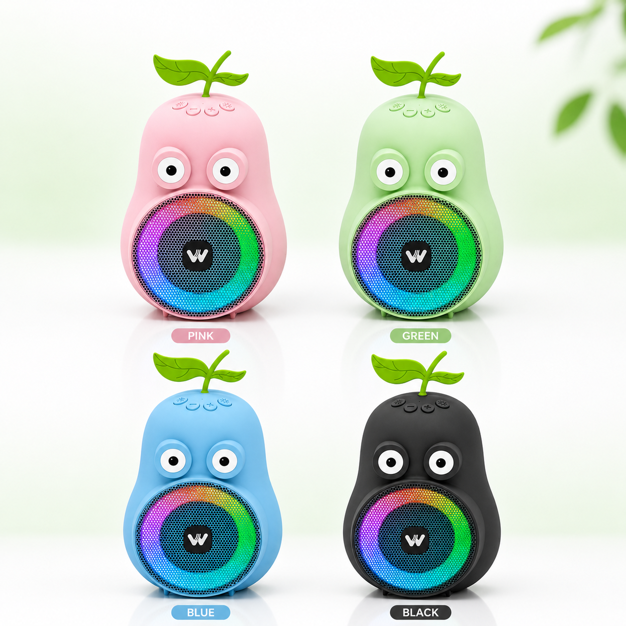 WS-P1 portable wireless Bluetooth speaker available in four colors: Pink, Green, Blue, and Black, featuring a cute fruit-inspired design with RGB LED lighting.