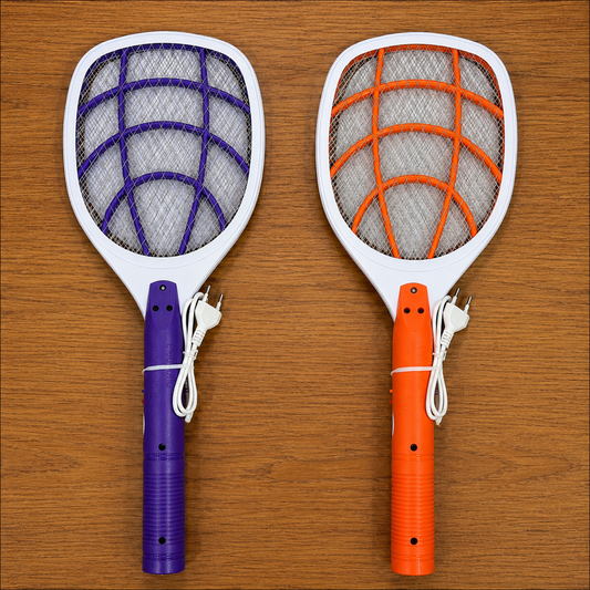 Rechargeable electric mosquito racket available in purple and orange color variants with 3-layer protective mesh and charging cable for indoor insect control