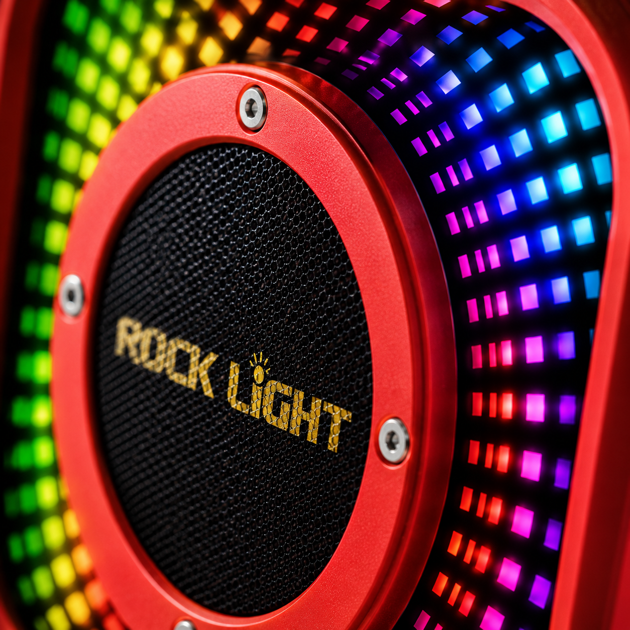 Close-up of a portable wireless speaker showing the central speaker driver, metal grille, and vibrant multicolor RGB LED light pattern surrounding the front panel.