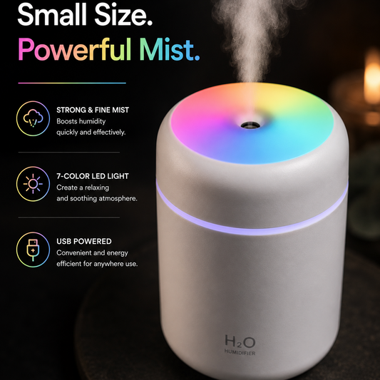 Portable USB air humidifier with colorful 7-color RGB night light and fine mist output for relaxing room atmosphere