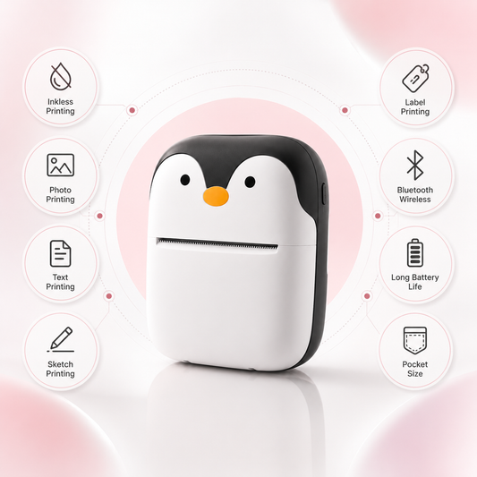 Portable Bluetooth thermal mini printer with a cute penguin design, featuring inkless printing, photo printing, text printing, sketch printing, label printing, Bluetooth wireless connectivity, long battery life and compact pocket-size design.