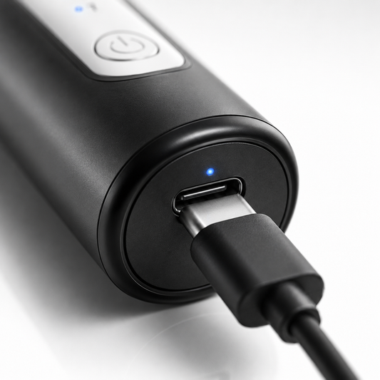 Close-up of a rechargeable electric milk frother charging via USB Type-C port with LED charging indicator on a sleek black handheld body.