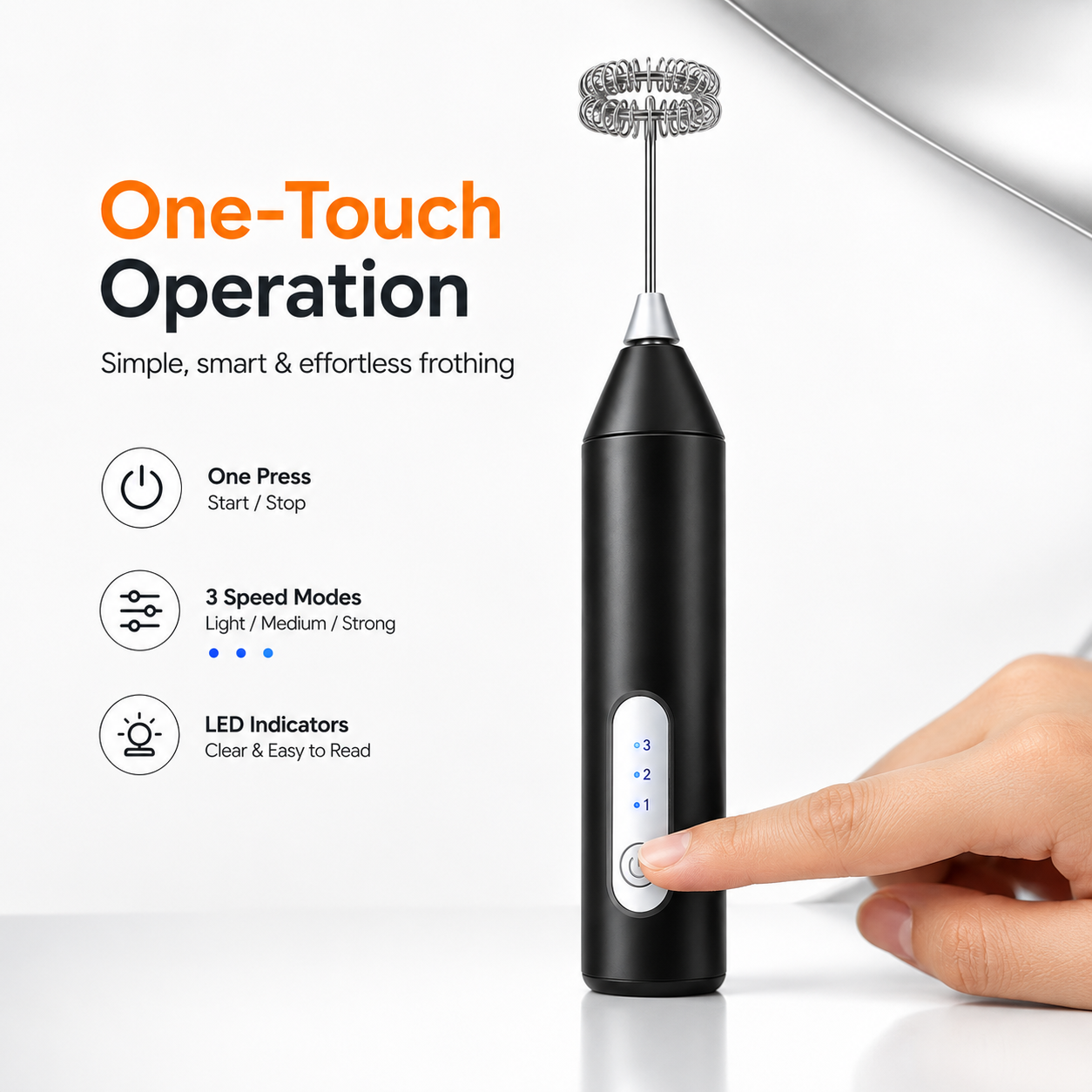 Rechargeable handheld electric milk frother with one-touch operation, three speed modes, LED indicator lights and stainless steel whisk