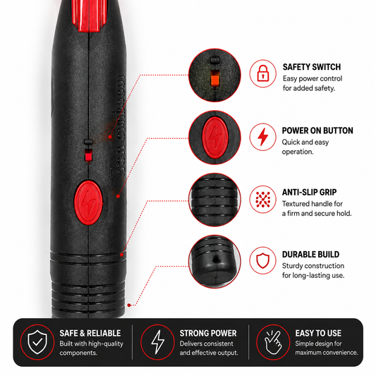 Rechargeable mosquito bat handle close-up showing safety switch, power button, anti-slip grip and durable ergonomic design for comfortable use.