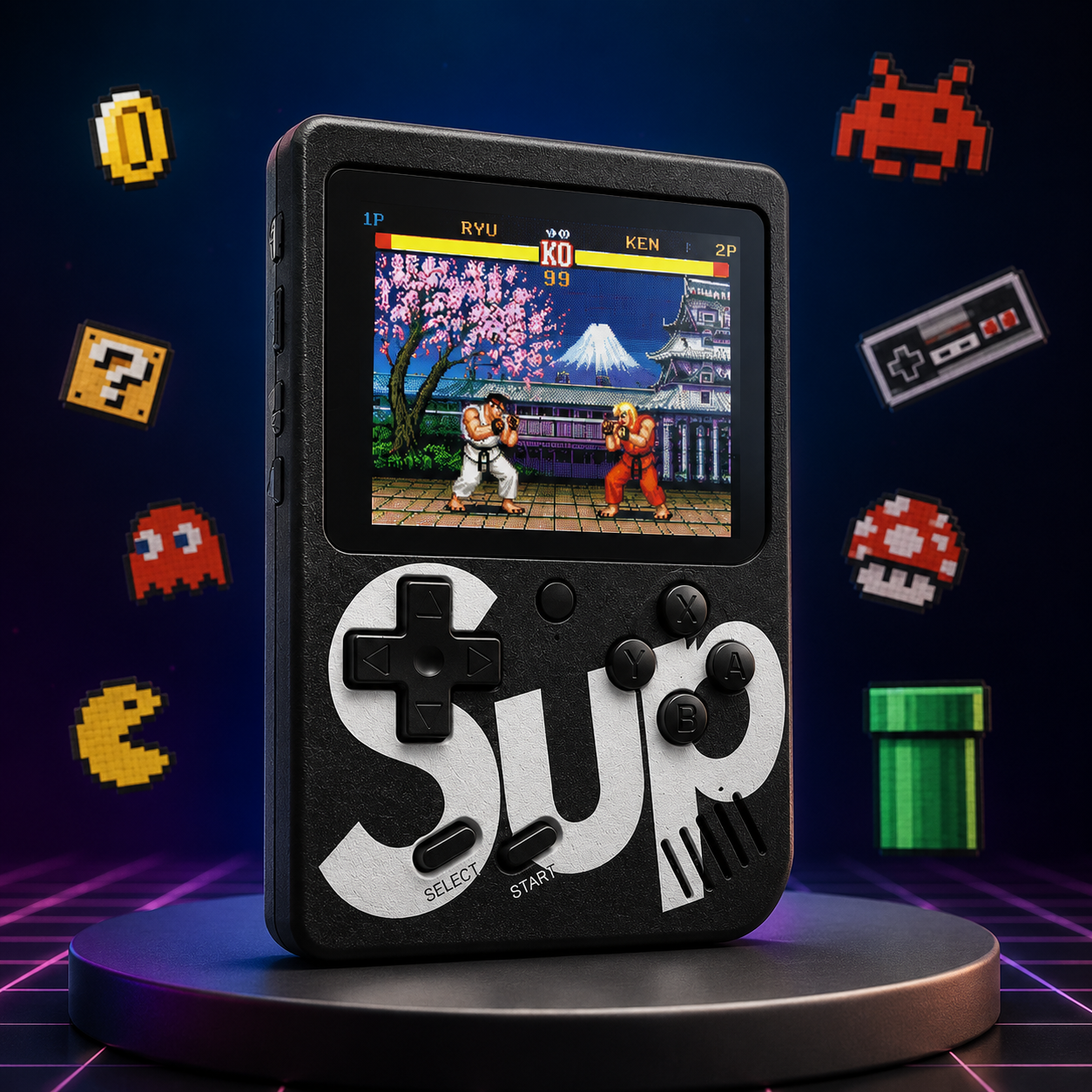 Retro handheld gaming console with a built-in color screen displaying a classic fighting game, black textured body with white "SUP" design, standing on a display podium surrounded by pixel-art gaming icons including coins, ghosts, mushrooms, and a game controller against a neon retro gaming background.