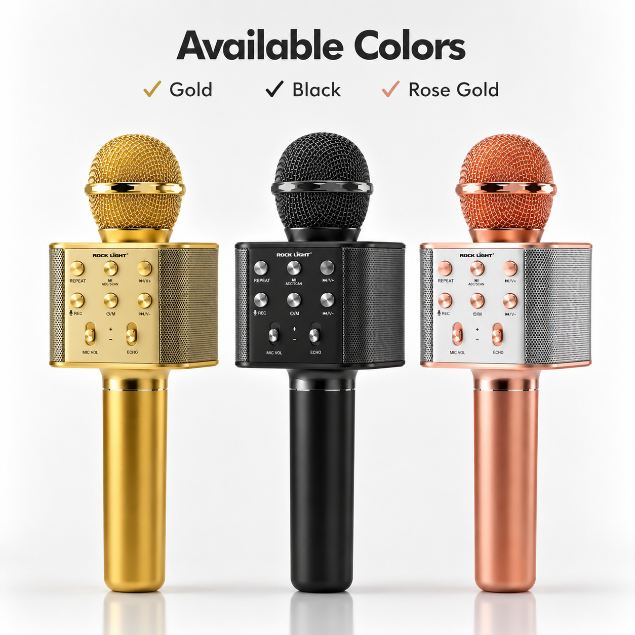 Wireless karaoke microphone with built-in speaker available in Gold, Black, and Rose Gold colour options, featuring Bluetooth connectivity and rechargeable design.