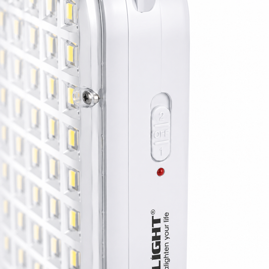 Close-up of a rechargeable LED emergency light showing the dual brightness switch, charging indicator LED, durable body, and 56 SMD LED panel for convenient operation.
