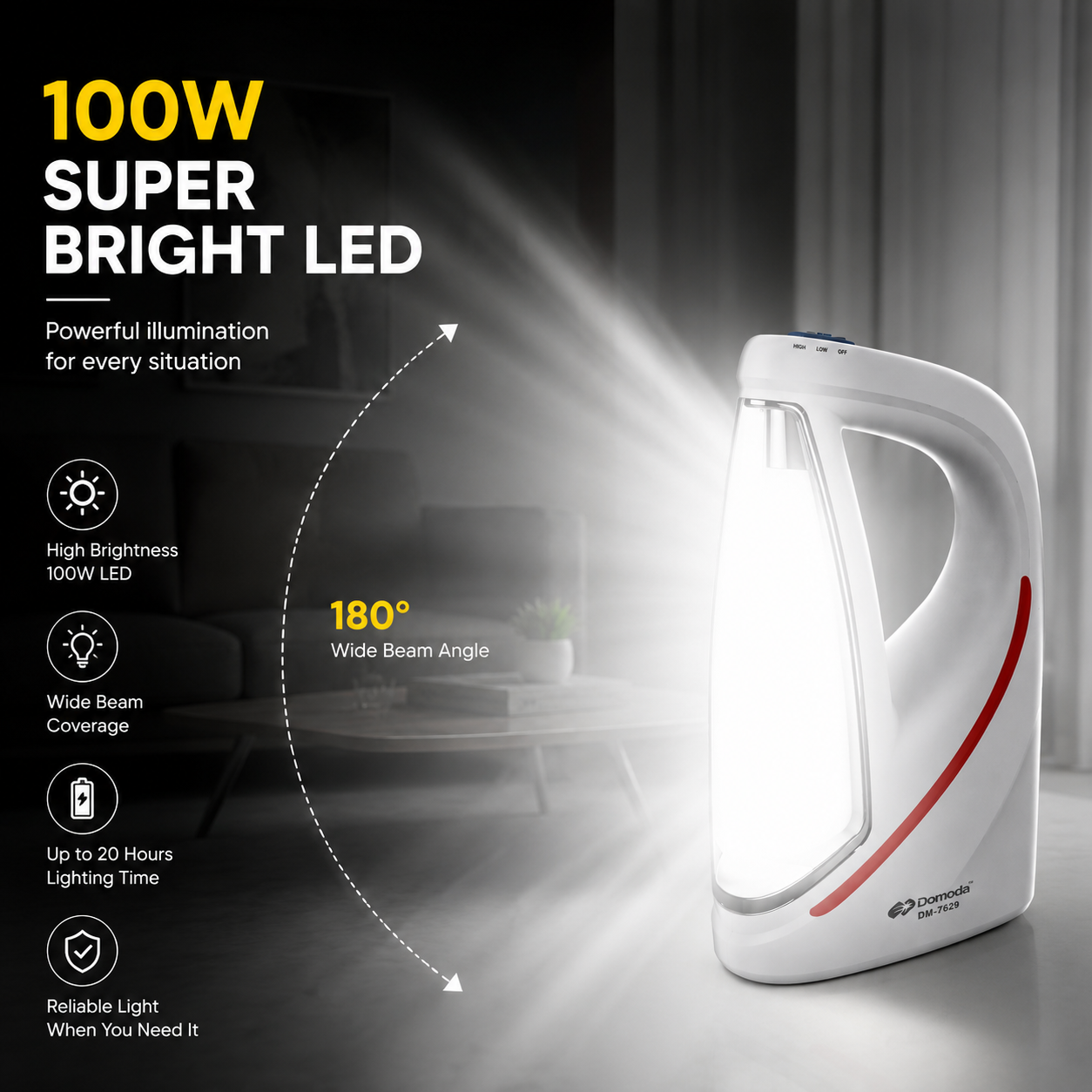 100W rechargeable LED emergency light illuminating a room with a wide 180° beam angle, high brightness and up to 20 hours of backup lighting for home and emergency use.