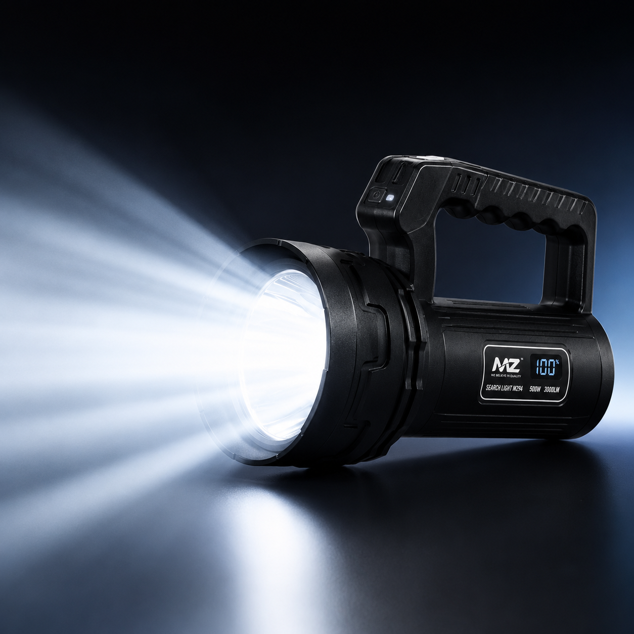 Rechargeable LED searchlight projecting a powerful long-range beam, featuring a high-brightness LED, ergonomic carry handle and digital battery display.