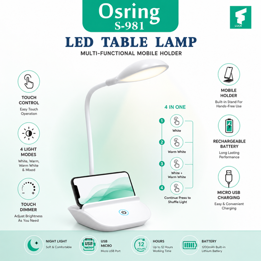 Rechargeable LED table lamp with touch control, flexible neck, mobile holder, and 4 lighting modes.