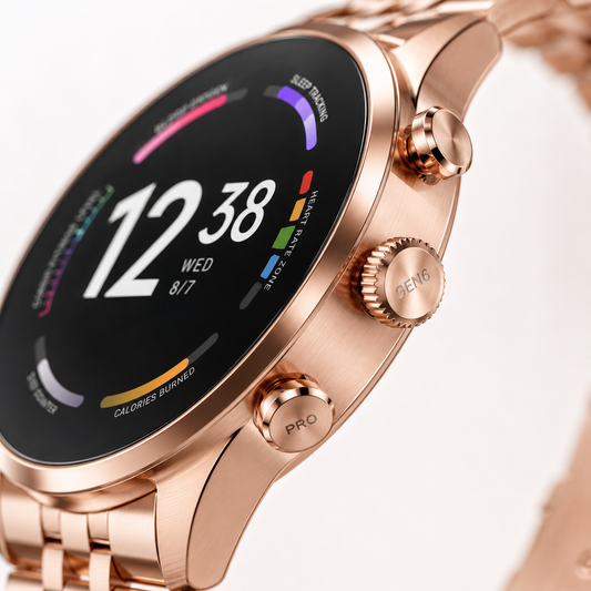 Close-up of the smartwatch's precision side crown and function buttons with a brushed metal finish.
