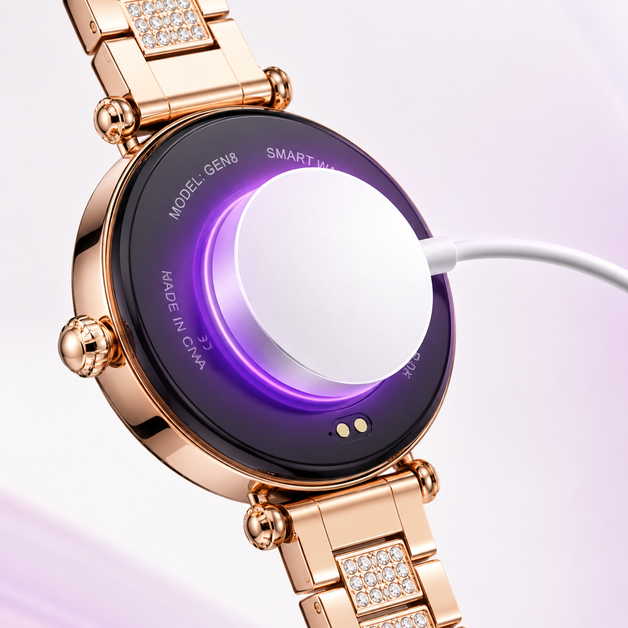 Close-up of a rose gold smartwatch with a crystal-studded metal bracelet, shown charging magnetically with a wireless charging puck attached to the back.