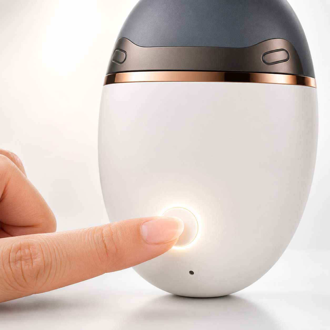 Close-up of a finger pressing the illuminated power button on a compact electric nail clipper with a white body and rose gold trim