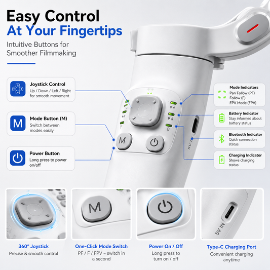 3-axis smartphone stabilizer control panel with joystick, mode button, power button, LED indicators and USB Type-C charging port for smooth mobile video recording.