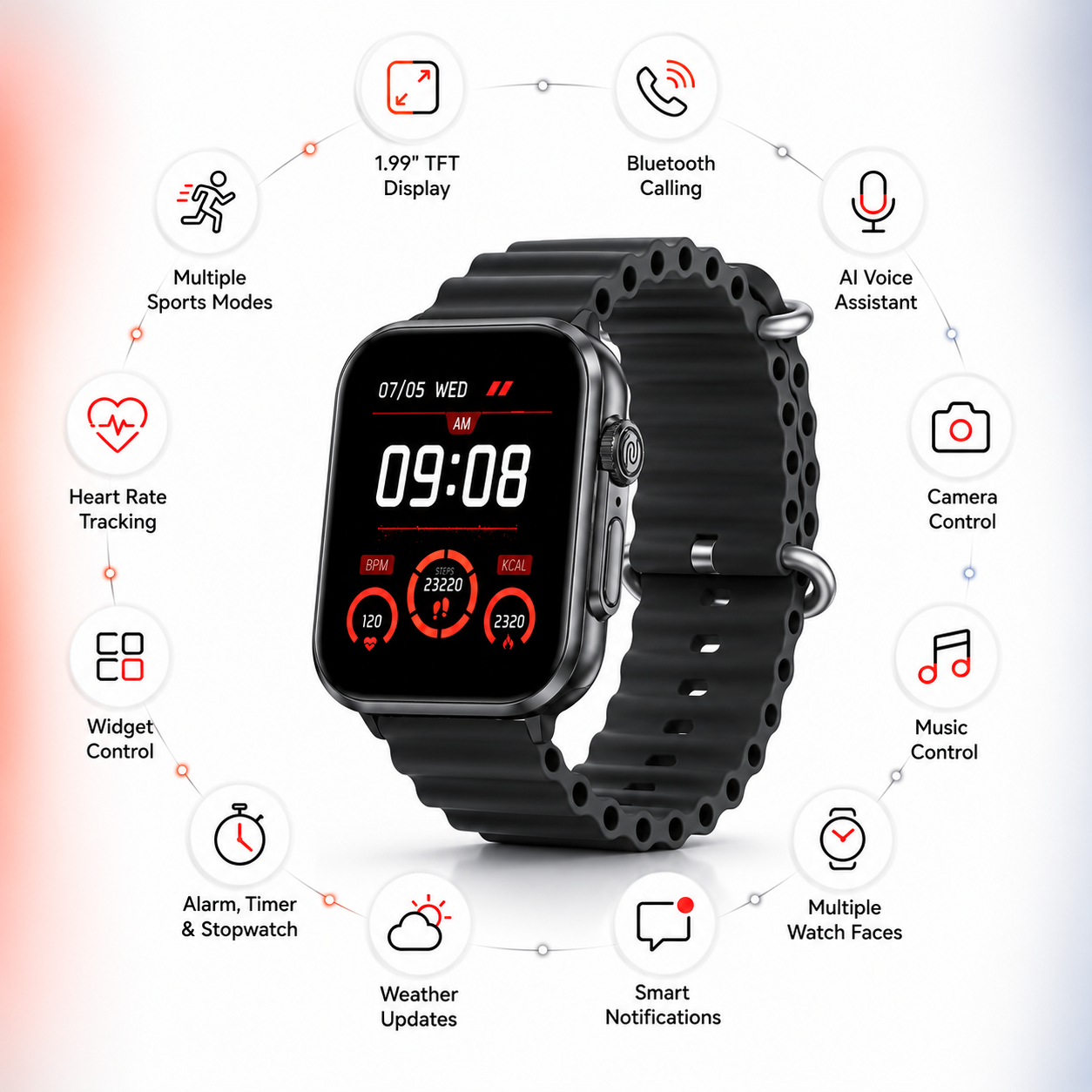 Infographic showcasing a Bluetooth calling smart watch with a 1.99-inch TFT display, AI voice assistant, heart-rate tracking, multiple sports modes, smart notifications, weather updates, music control, camera control, widget control, alarm, timer, stopwatch and customizable watch faces.