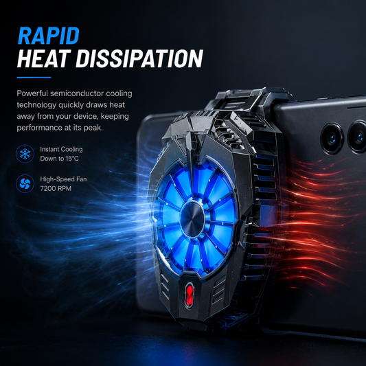 Semiconductor mobile phone cooler actively reducing device heat with visible airflow effect and high-speed cooling fan.
