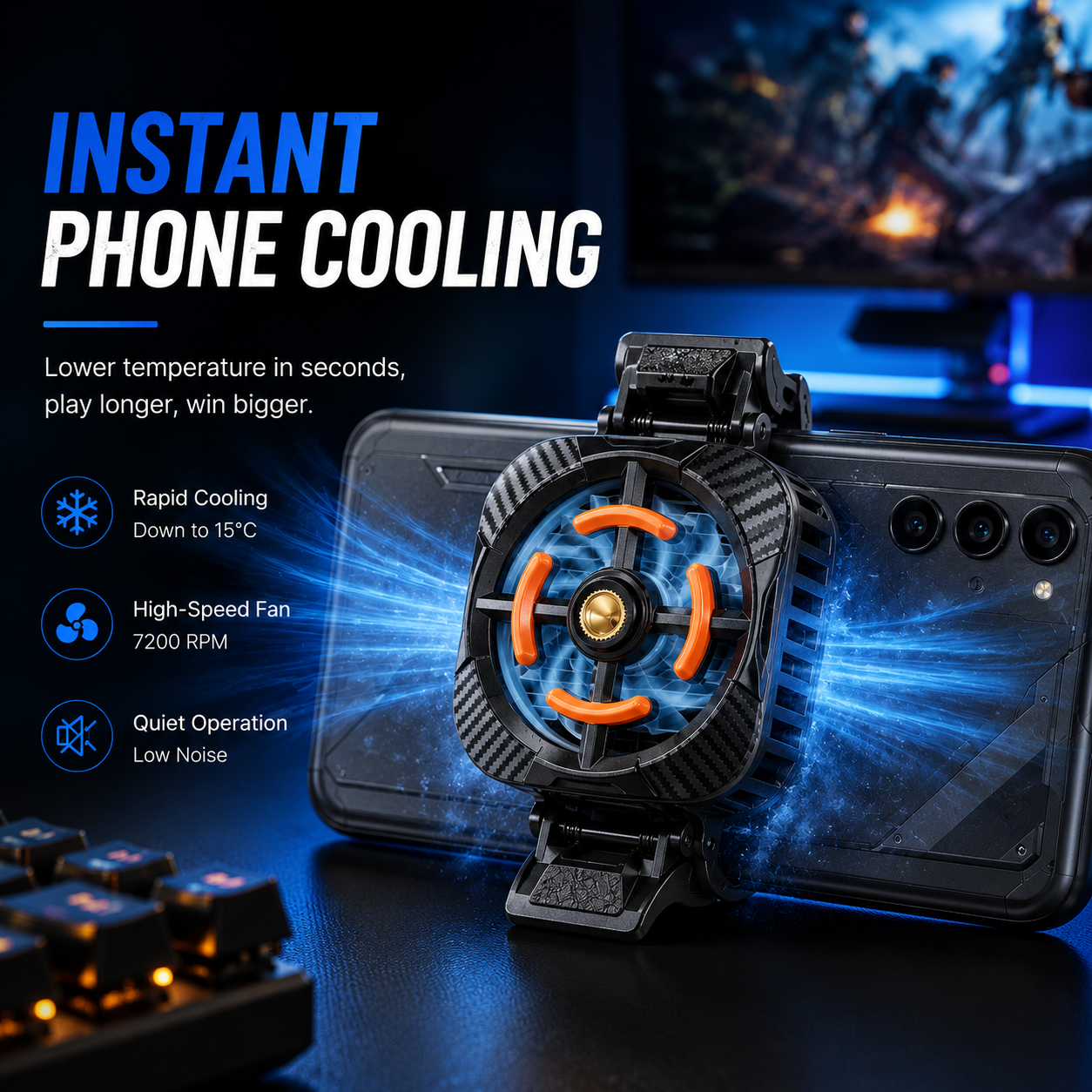Portable smartphone cooling fan with clip-on design, mounted on a mobile phone for instant cooling, ideal for gaming, streaming, and heavy smartphone usage.
