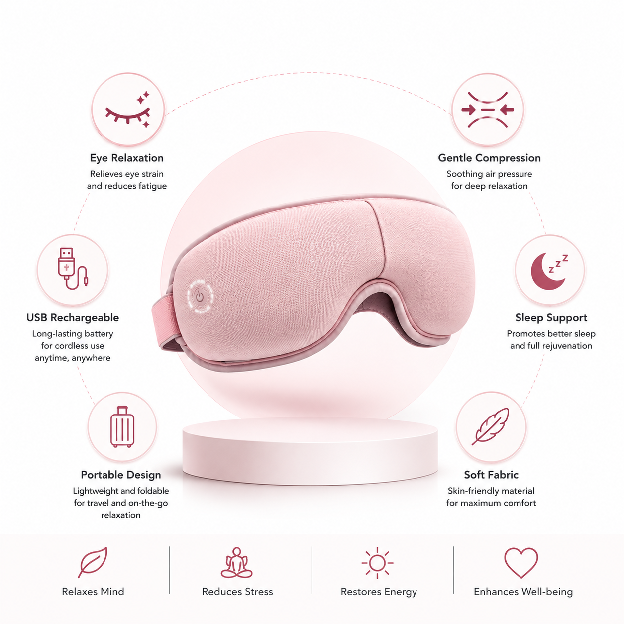 Rechargeable eye massager mask with soft fabric design, gentle compression technology, USB charging, portable construction, sleep support features, and eye relaxation benefits displayed in a premium wellness infographic.