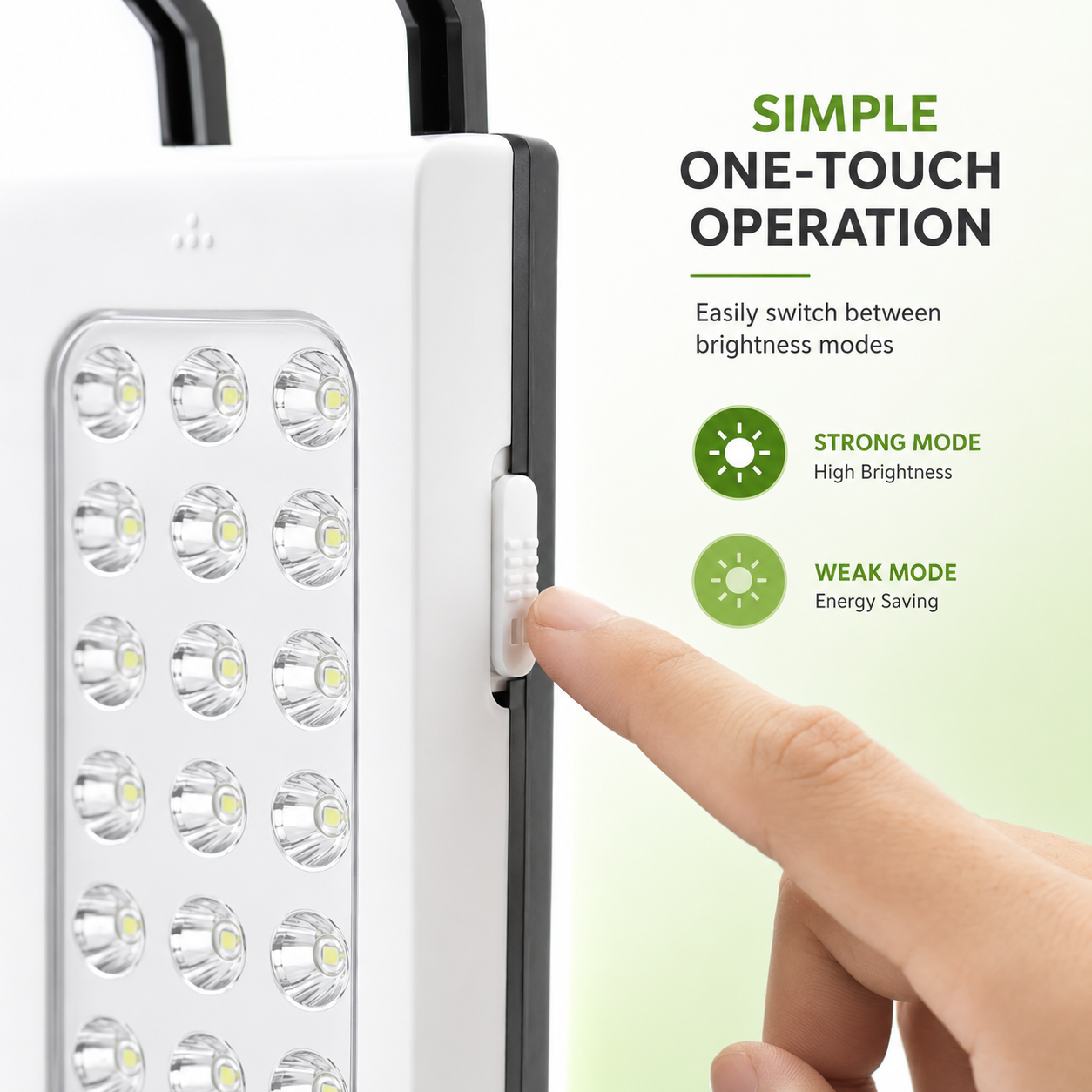 Close-up of the DP LED-716 rechargeable emergency hand lamp showing the side one-touch switch for easy brightness control between strong and weak lighting modes.
