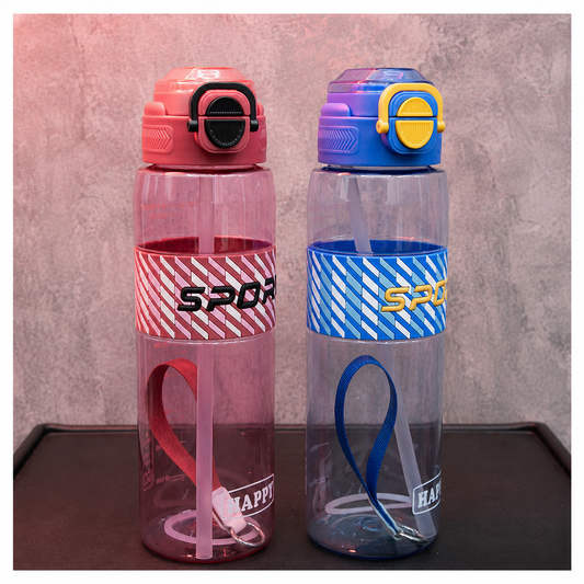 Two sports water bottles with built-in straws, flip-lock lids and carrying straps in pink and blue colors for school, gym and travel use.