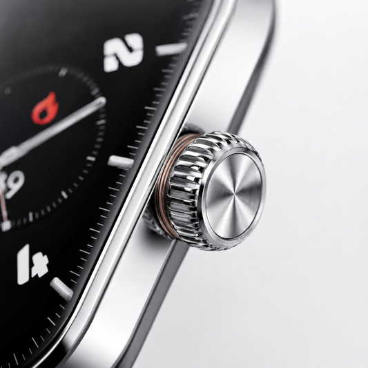 Close-up of the smartwatch's precision rotating crown and premium metal-look finish.