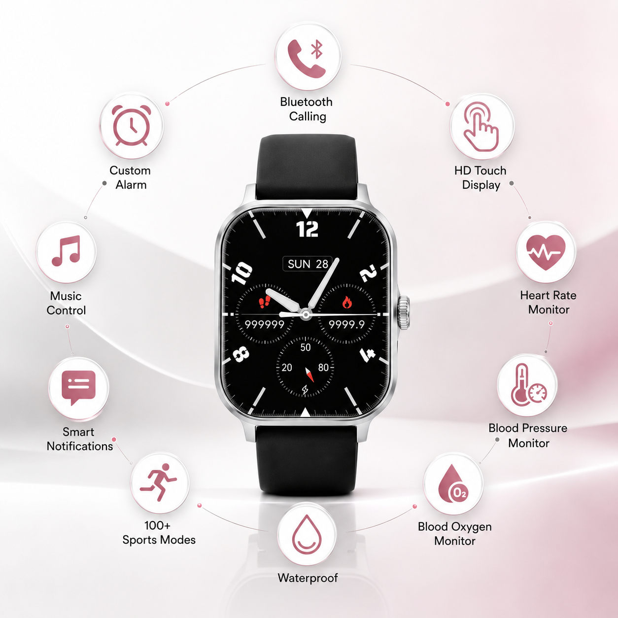 Bluetooth calling smartwatch with health tracking, HD touch display and 100+ sports modes.