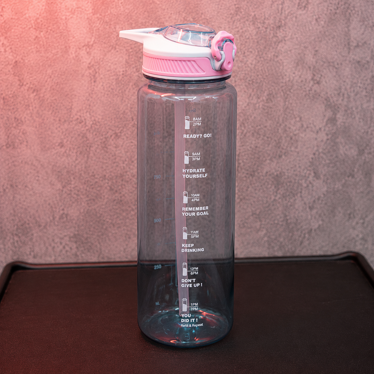 Grey blue motivational water bottle with time tracker markings, flip-lock lid and straw, reusable hydration bottle for daily water intake