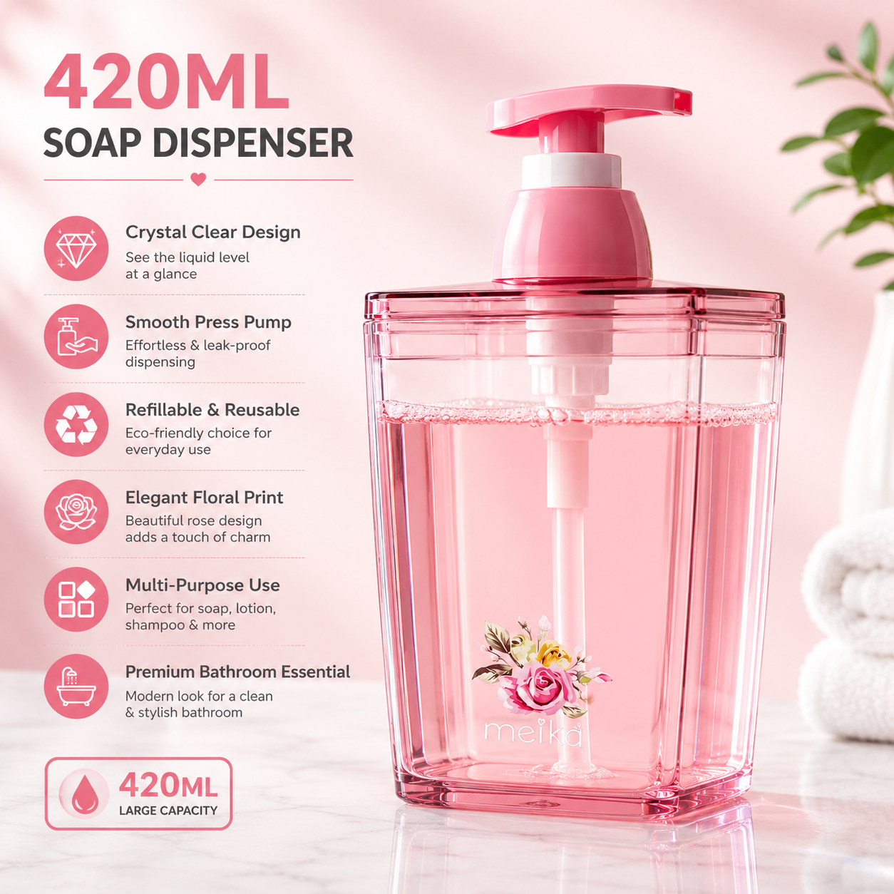 420ml transparent pink liquid soap dispenser with crystal-clear square bottle, refillable manual pump, floral rose print and infographic highlighting crystal-clear design, smooth press pump, reusable construction, elegant floral print and multi-purpose bathroom use.