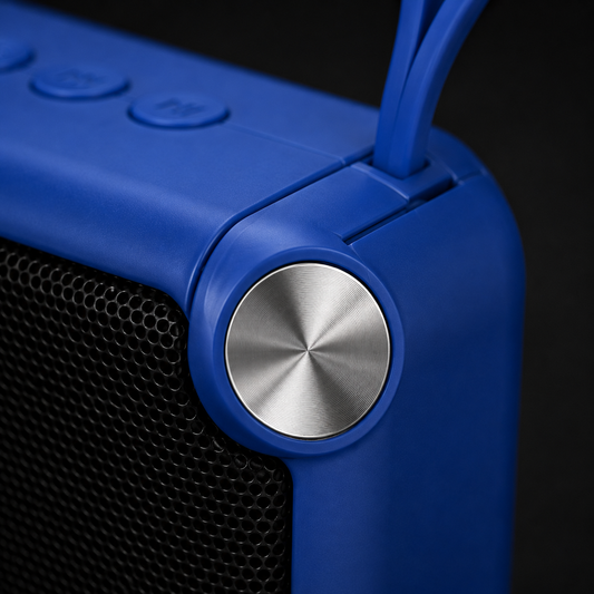 Macro shot of Rock Light S109 mini wireless speaker highlighting integrated carry loop, premium side accent detail, durable plastic housing, and portable travel-friendly construction.