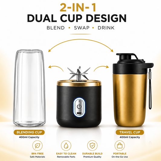 2-in-1 portable juicer blender featuring interchangeable 400ml blending cup and 400ml travel cup with BPA-free materials, removable parts, portable design, and easy-to-clean construction.