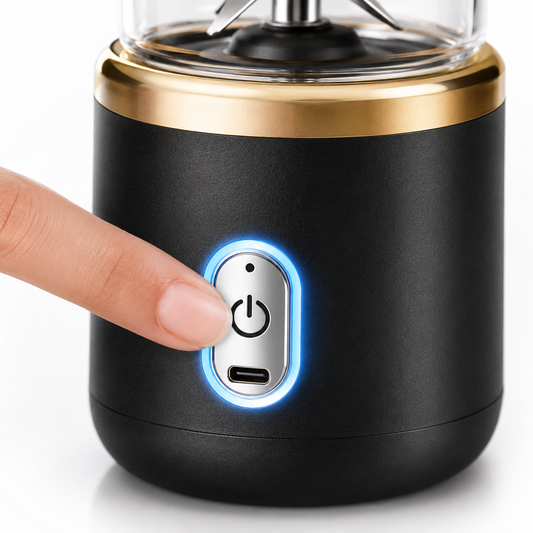 Close-up of the portable juicer blender power button with LED indicator and USB charging port, demonstrating simple one-touch operation for quick smoothie and juice preparation.