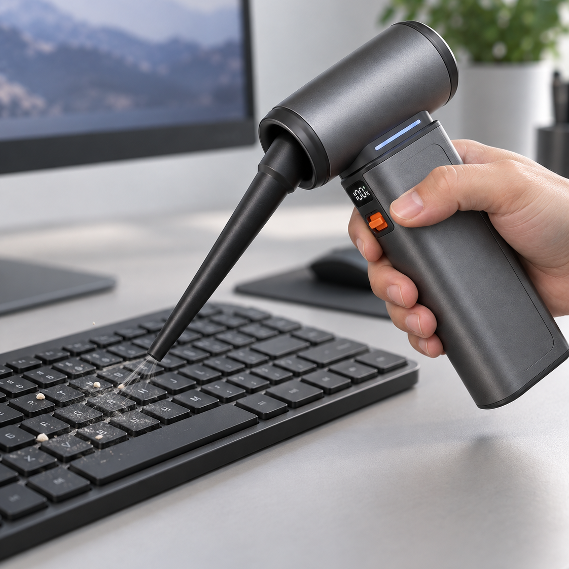 Handheld rechargeable air duster blowing dust and crumbs from a computer keyboard.