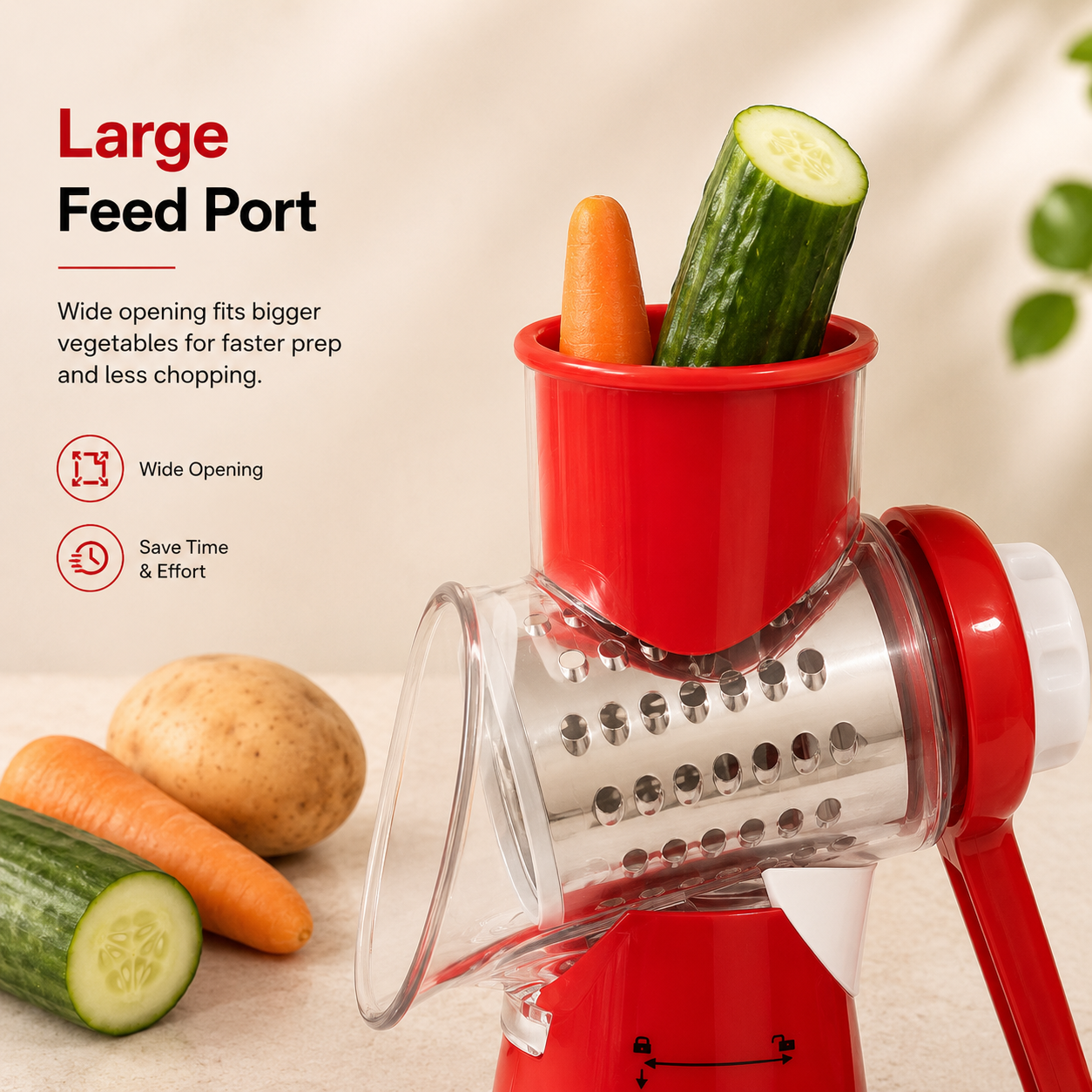 Manual Vegetable Slicer & Shredder with large feed port design showing cucumber and carrot fitting easily for quick slicing and shredding