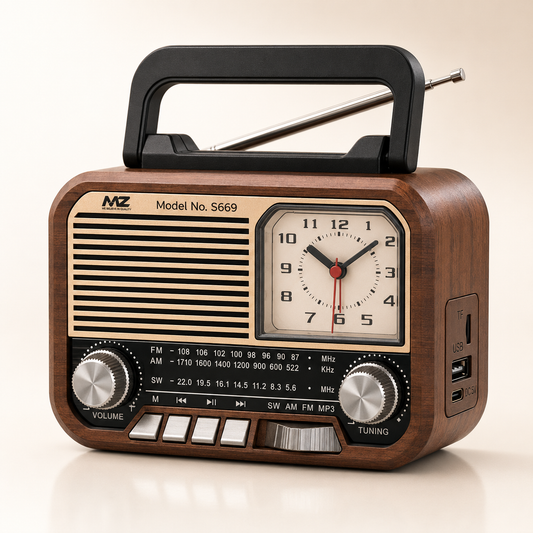 Studio product photo of a portable retro Bluetooth radio speaker with a wood-grain finish, built-in analog clock, telescopic antenna, front tuning controls, USB charging port, TF card slot, and integrated carry handle